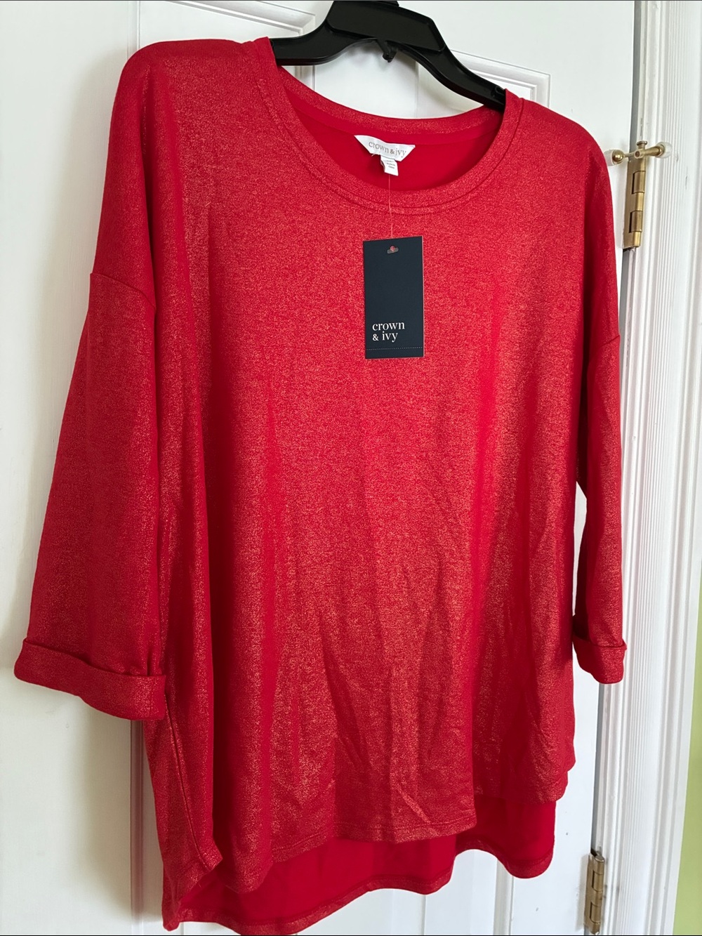 NWT crown & ivy Bright Red/Gold Glitter Women's Lightweight Pullover Blouse.